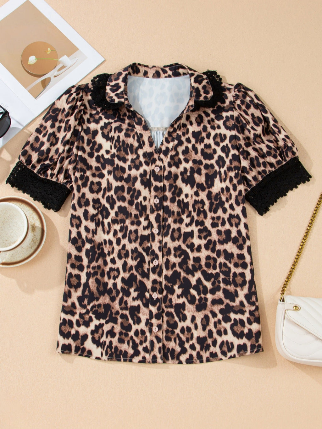 Leopard Print Lace Trim Short Sleeve Shirt
