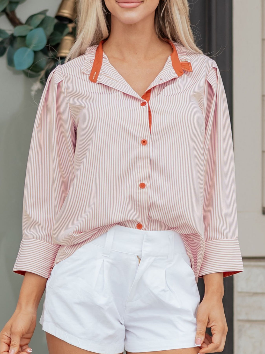 Stripe Color Block Patchwork Detail Frilled Collar Button Down Shirt