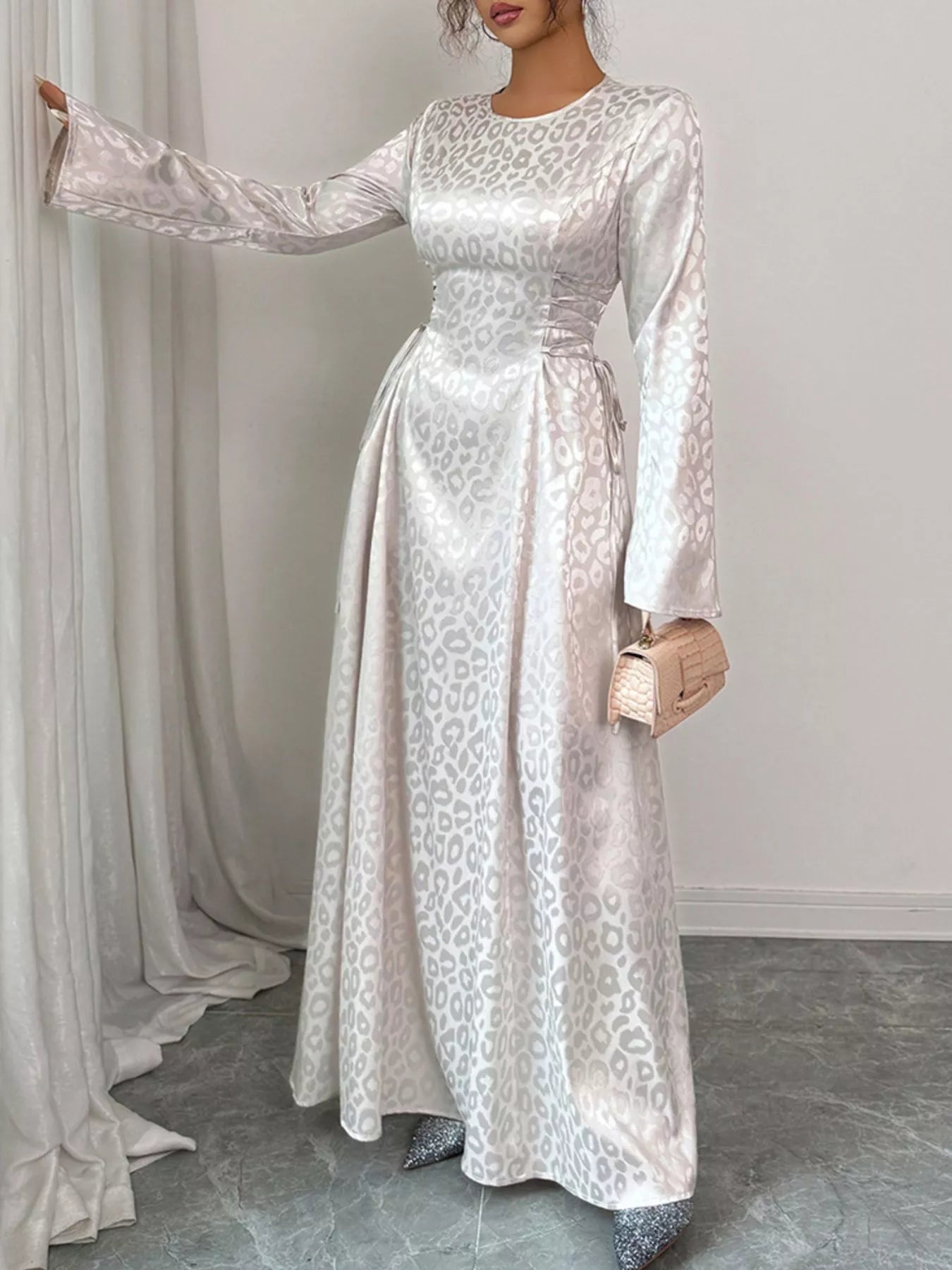 Leopard Lace Up Long Sleeve Maxi Dress