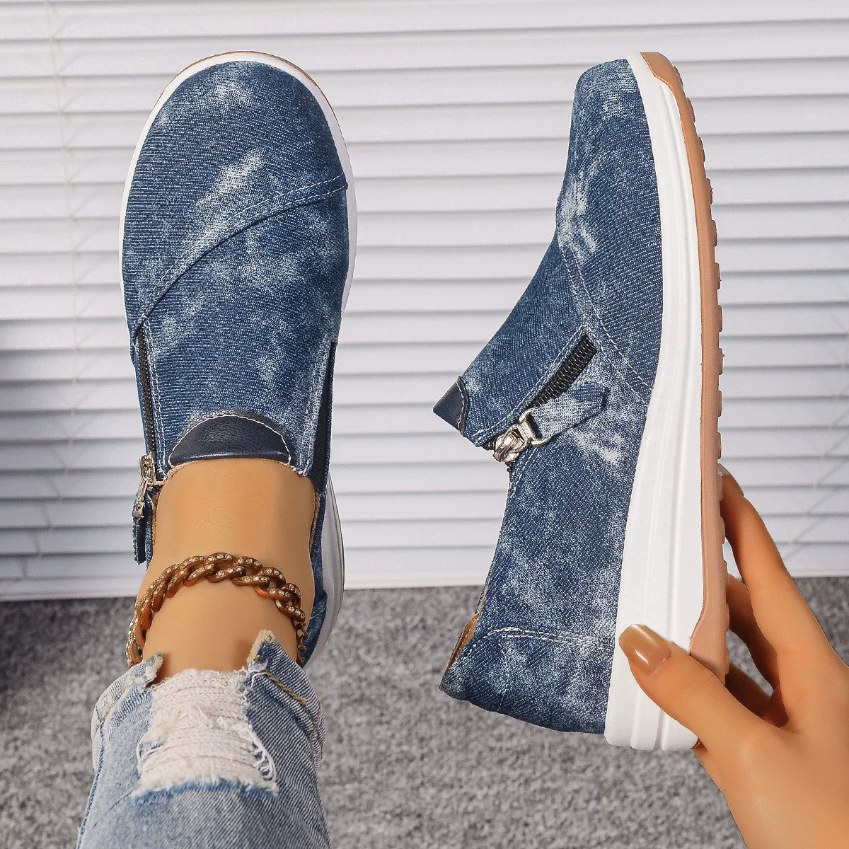 Zip Detail Round Toe Slip-Ons