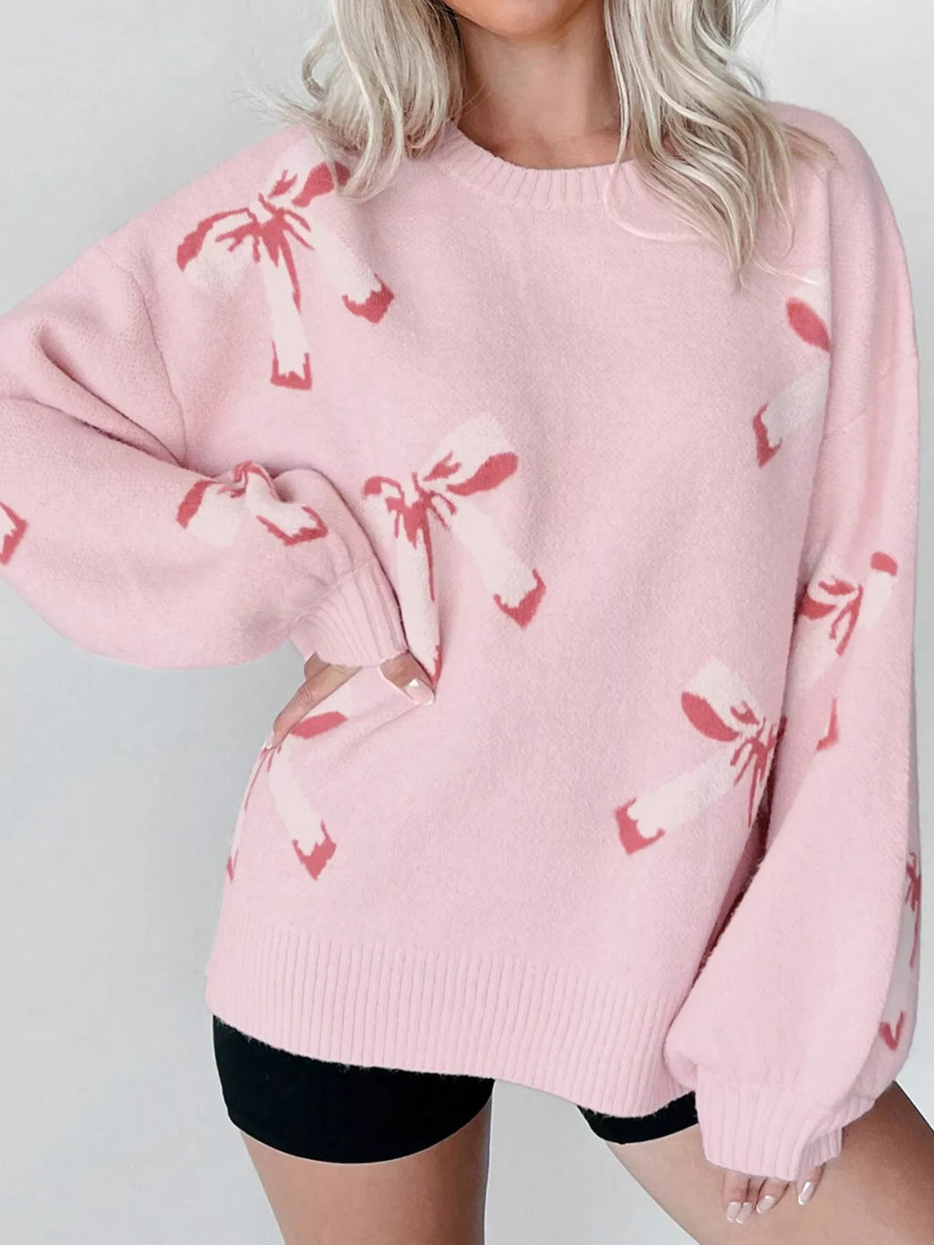 Bow Round Neck Dropped Shoulder Sweater