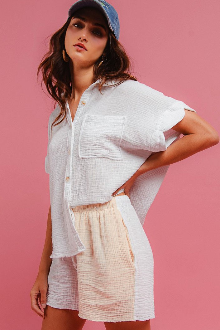 BiBi Wrinkled Gauze Solid Shirts Top and Shorts Set