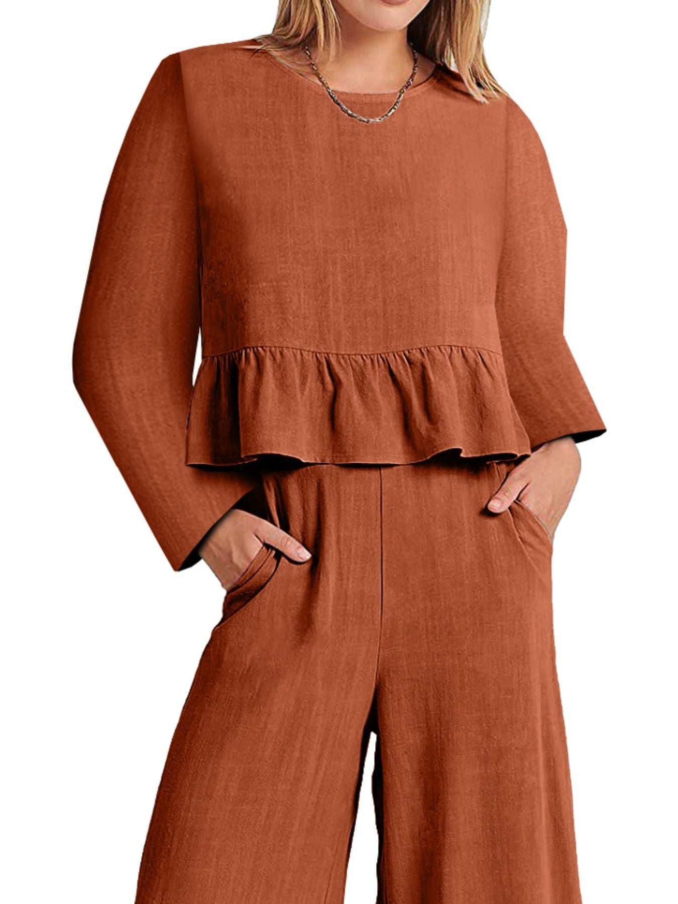 Full Size Ruffled Hem Long Sleeve Top and Pants Set Plus Size