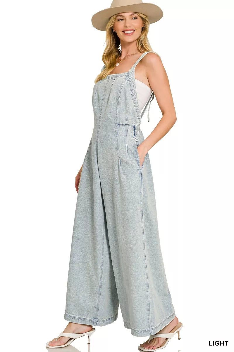 Zenana Denim Light Washed Wide Leg Overalls