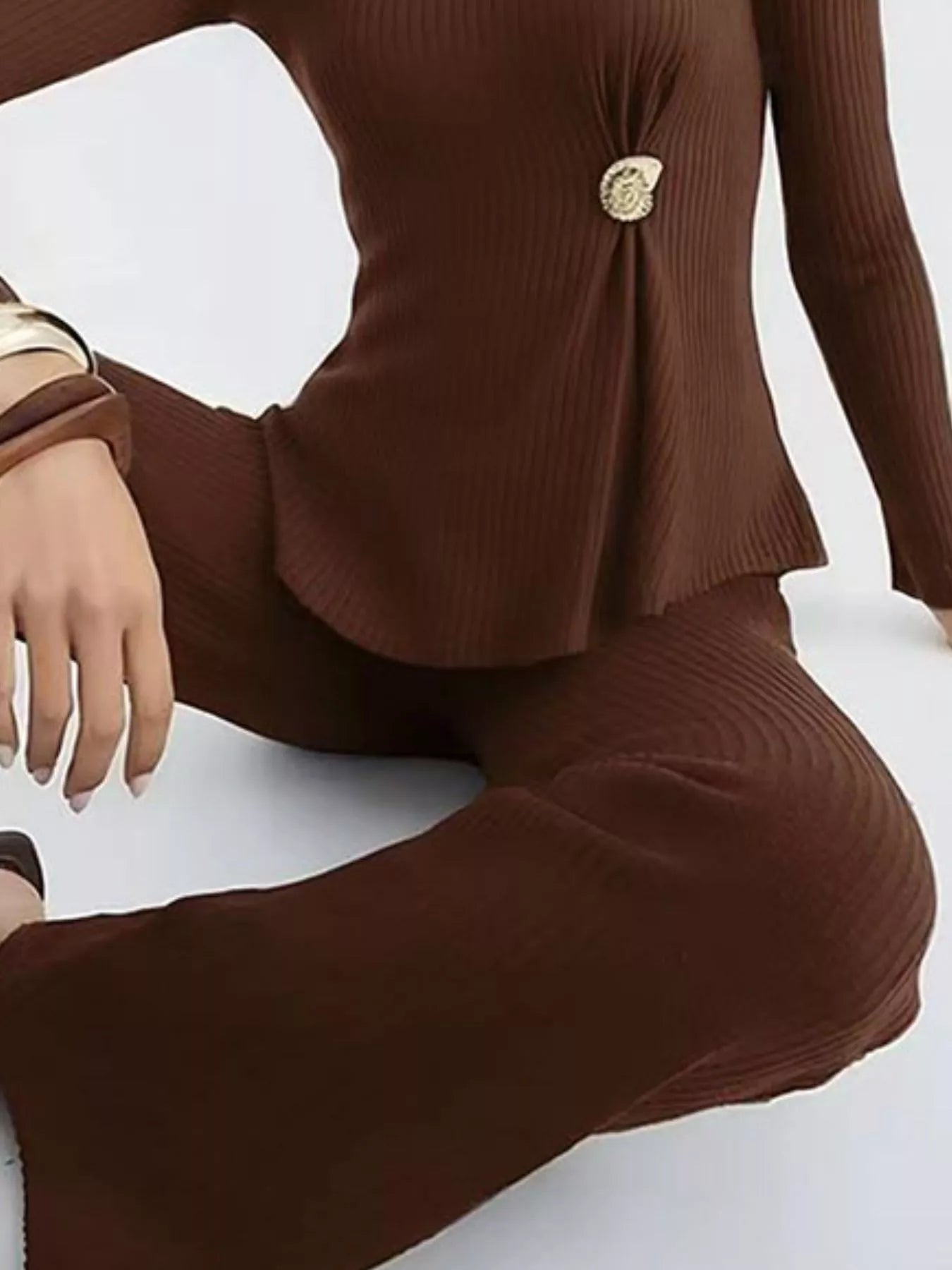 Ribbed Knit Round Neck Top and Pants Sweater Set