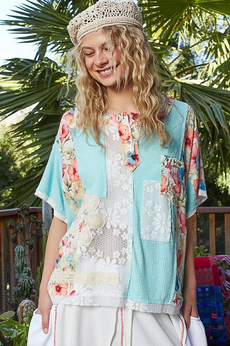 POL Lace Round Neck Short Sleeve Floral Pattern Top with Patch Detail