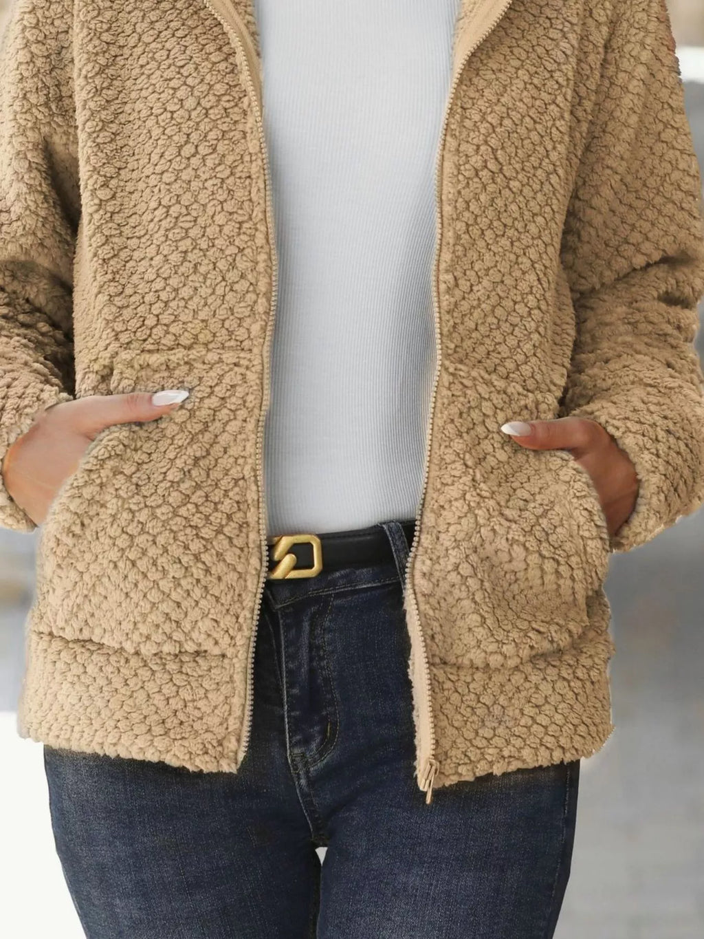 Textured Knit Zip-Up Hooded Outerwear