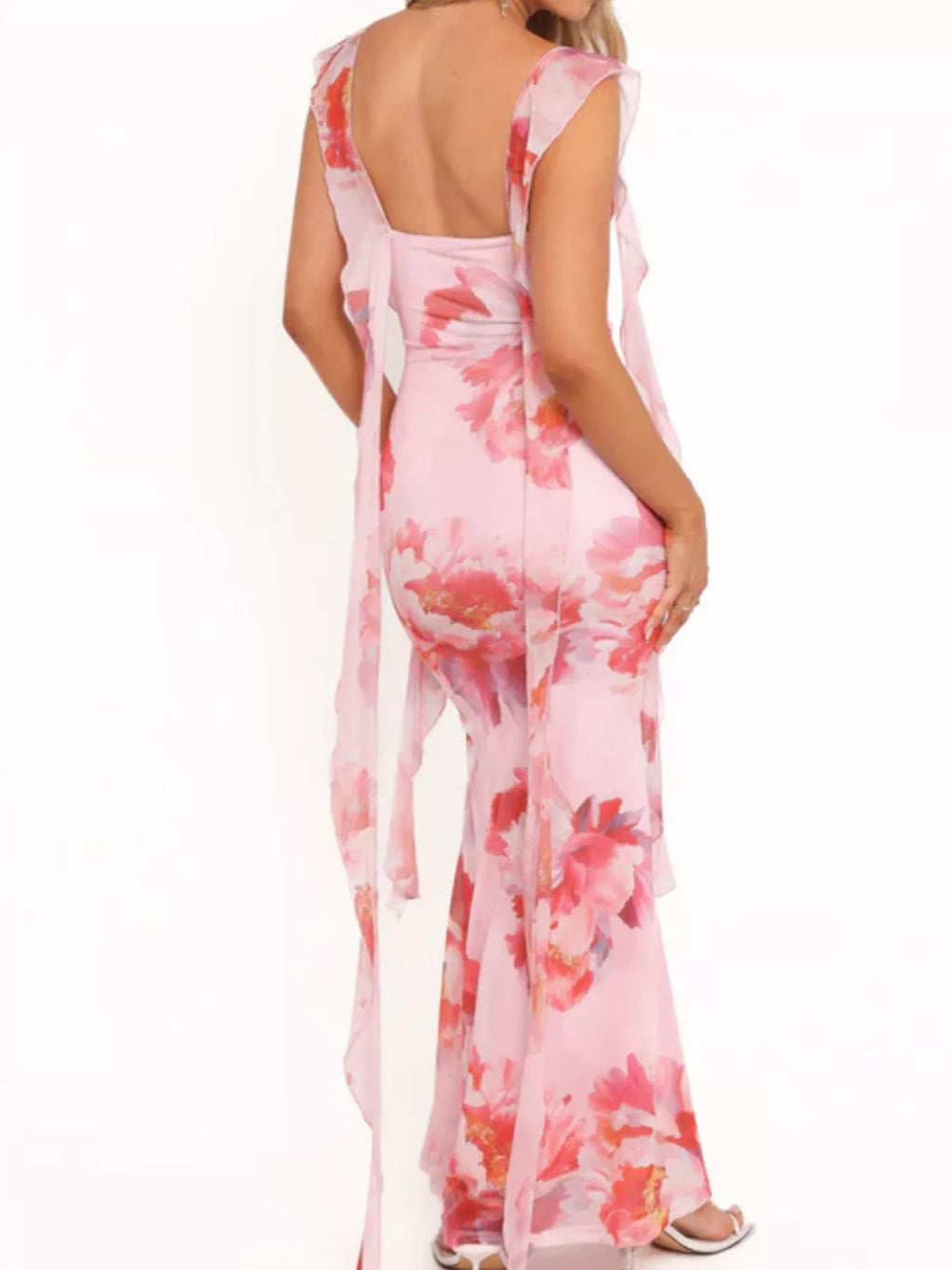 Floral Print Ruffle Trim Bodycon Maxi Dress