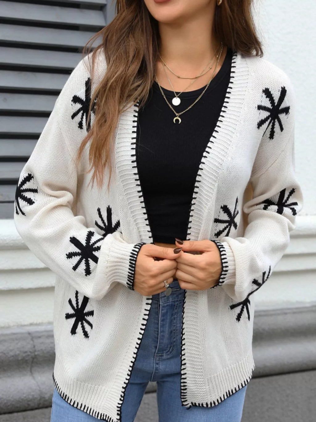 Flower Pattern Open Front Knit Cardigan