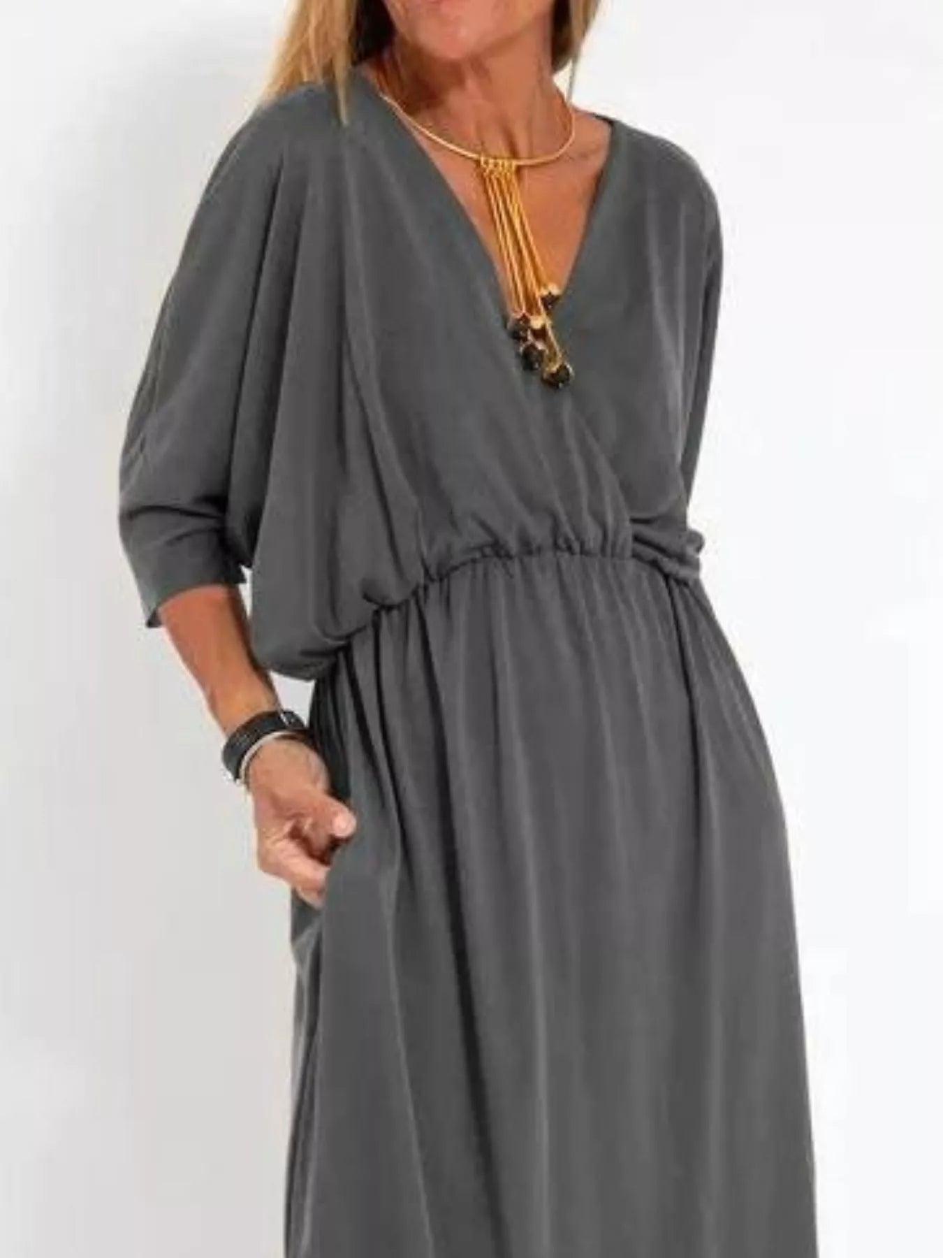 Full Size V-Neck Batwing Sleeve Maxi Dress with Side Slits Plus Size