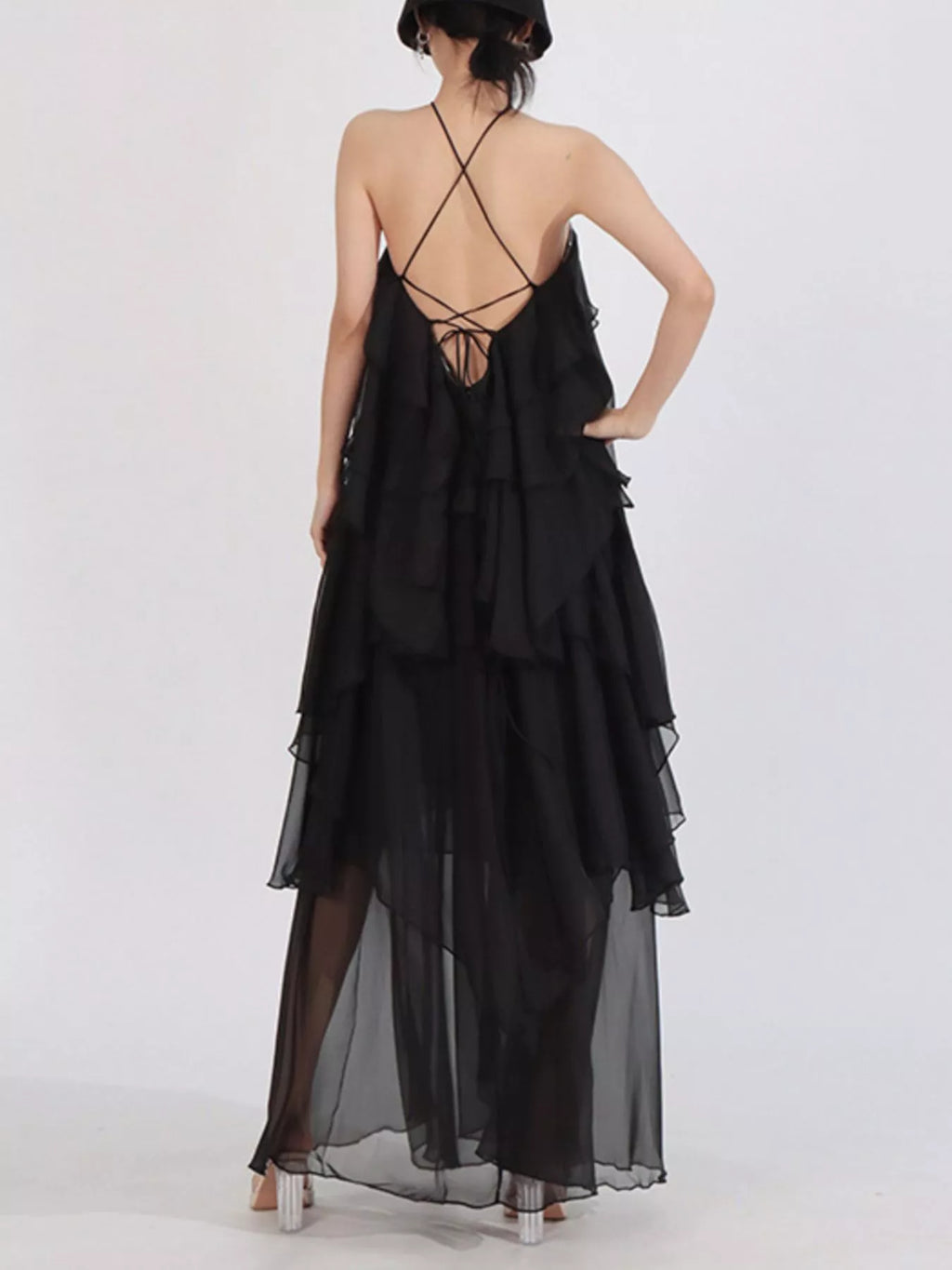 Ruffled Chiffon Halter Neck Maxi Dress