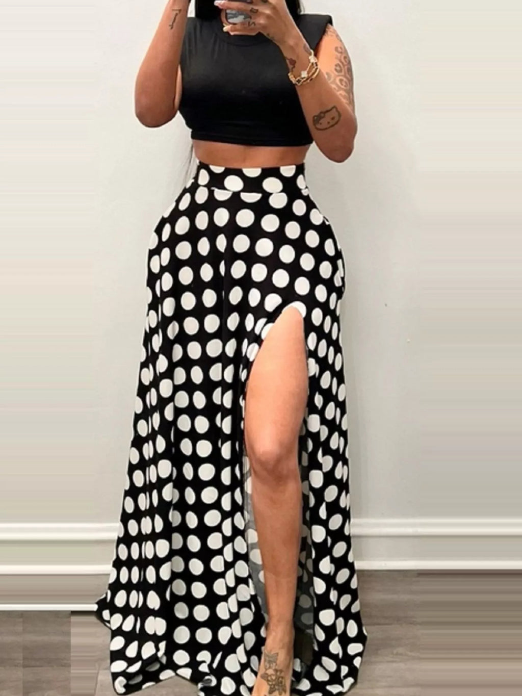Polka Dot High Slit Maxi Skirt