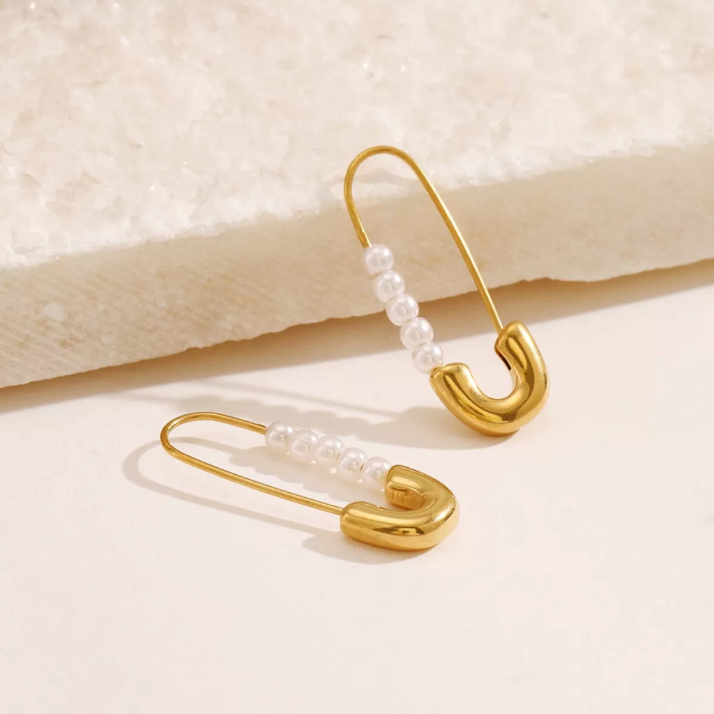 Safety Pin Pearl Accent Earrings