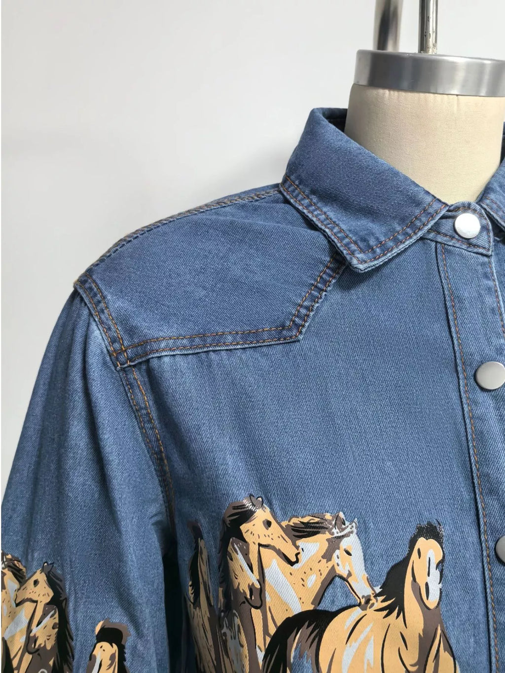 Horse Print Long Sleeve Denim Shirt