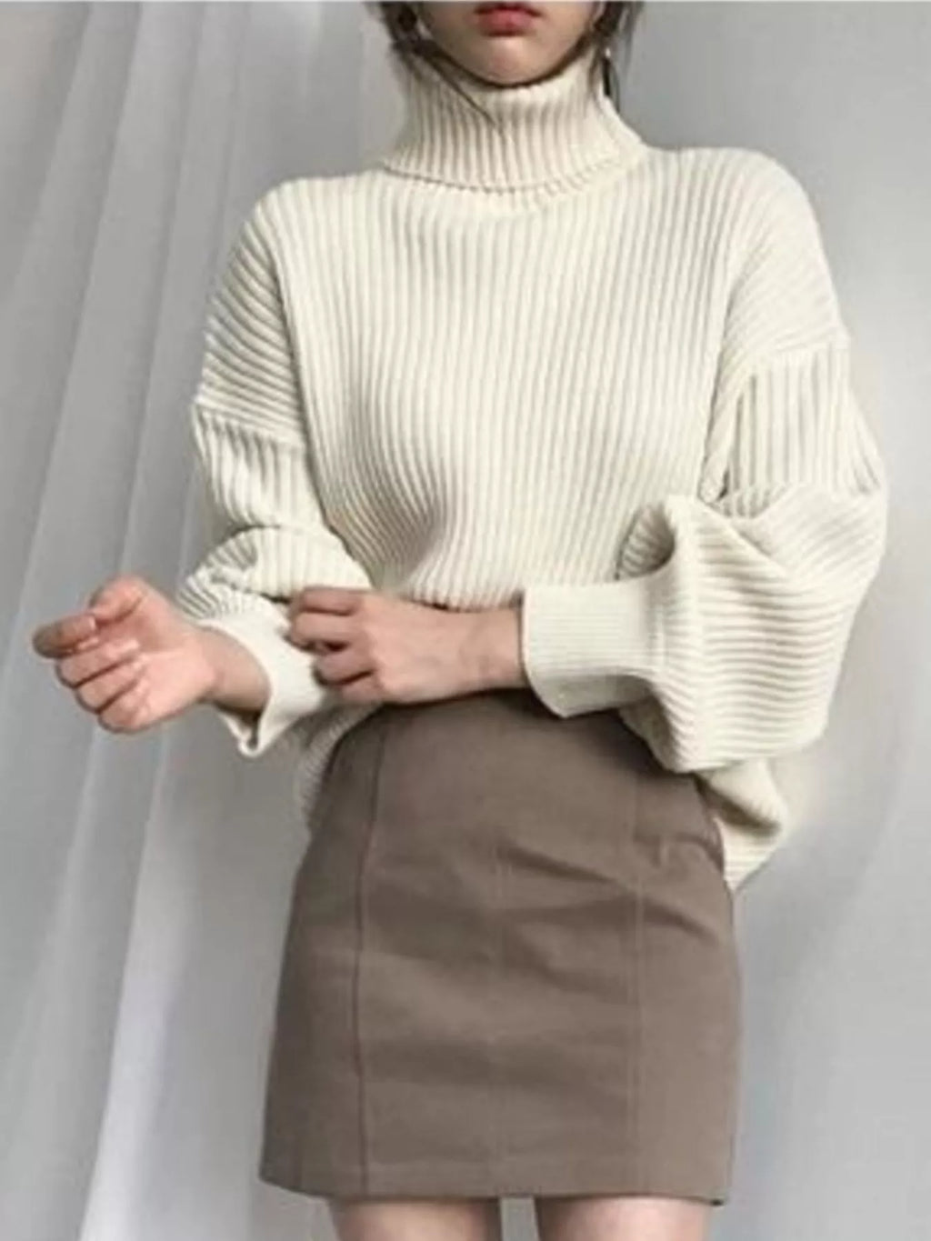 Oversized Turtleneck Ribbed Knit Sweater