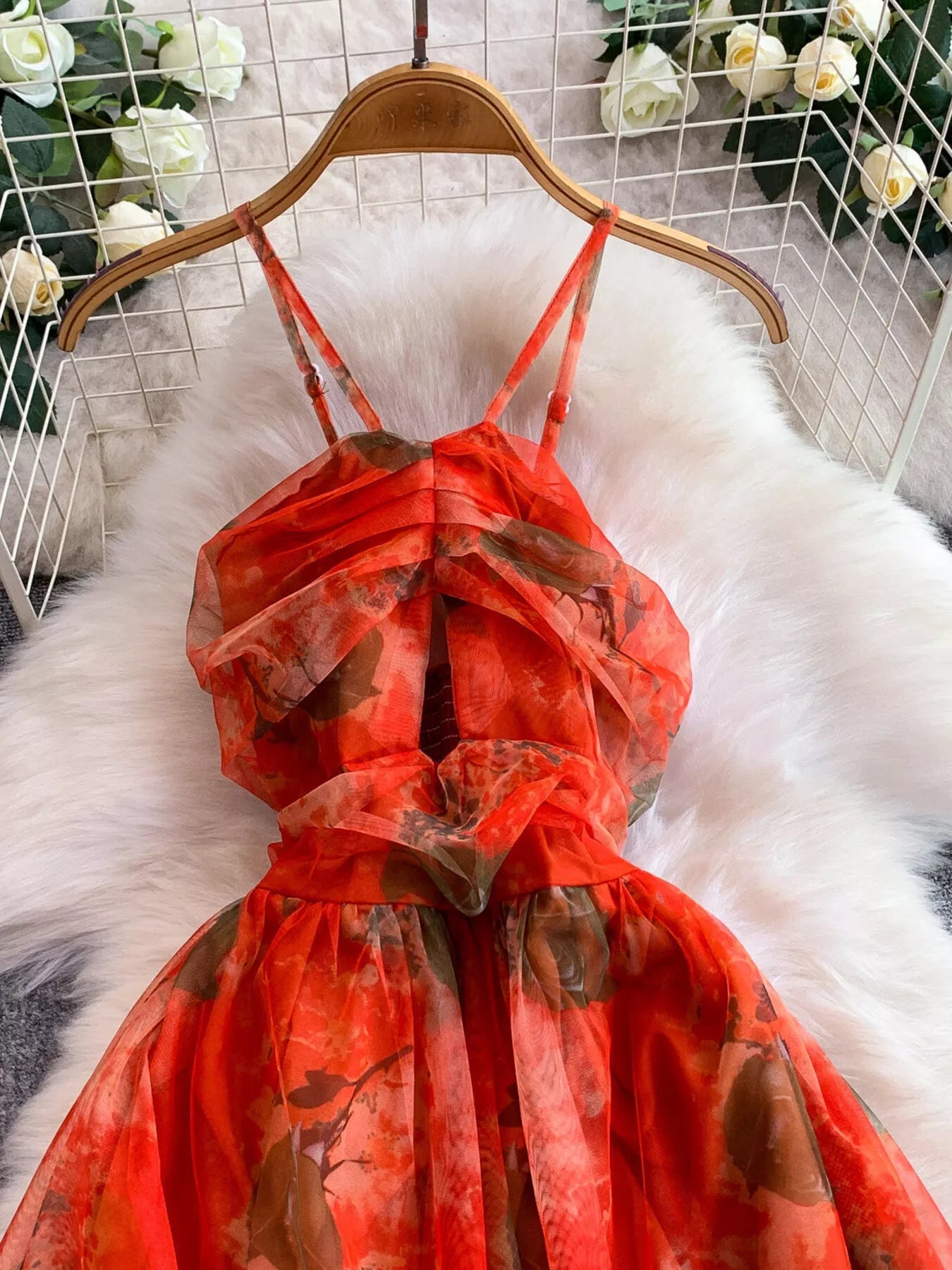 Floral Print Ruffled Layered Mesh Dress