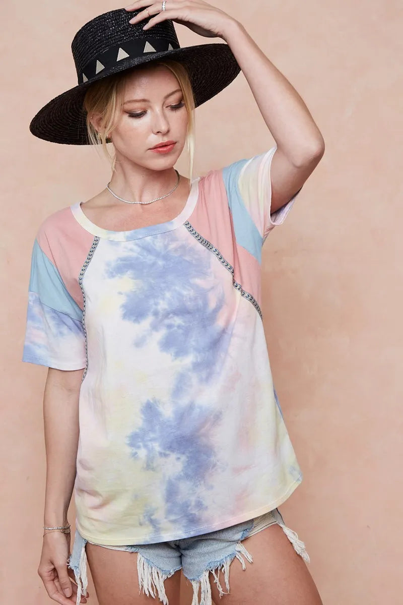 BiBi Tie Dye Printed Cotton Color Block T-Shirt