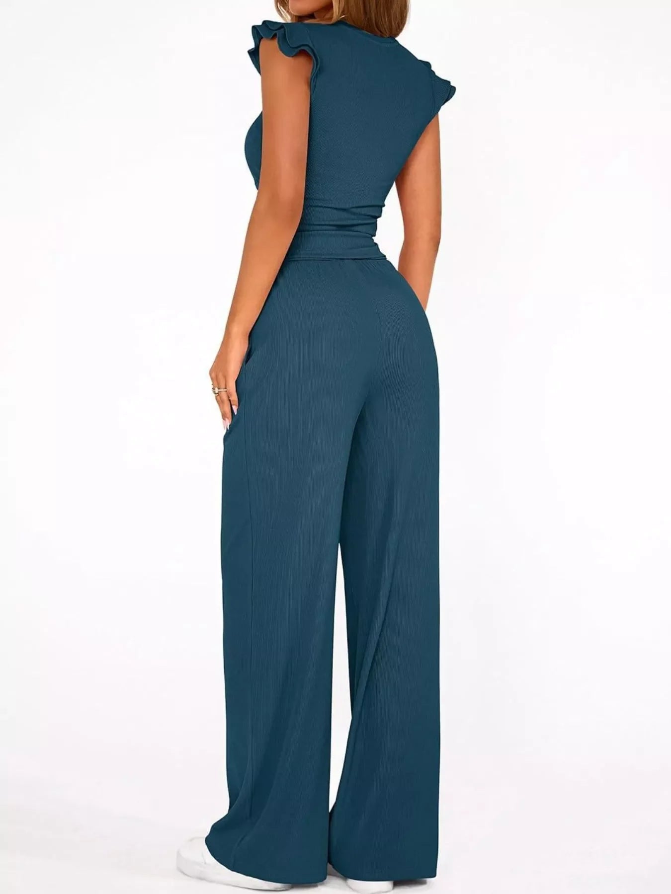 Ruffled Mock Neck Top and Wide Leg Pants Set
