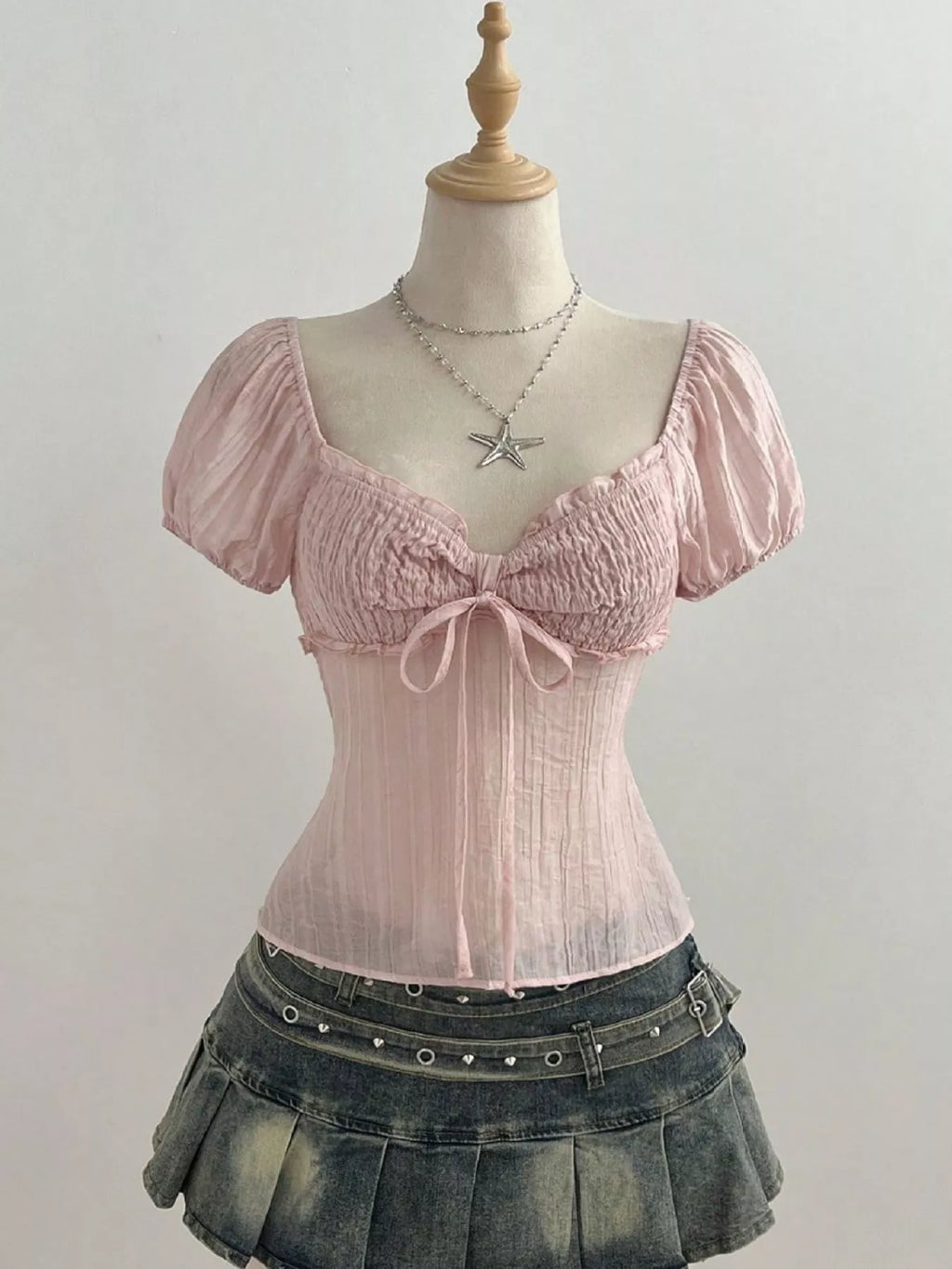 Sweetheart Neck Puff Sleeve Smocked Blouse