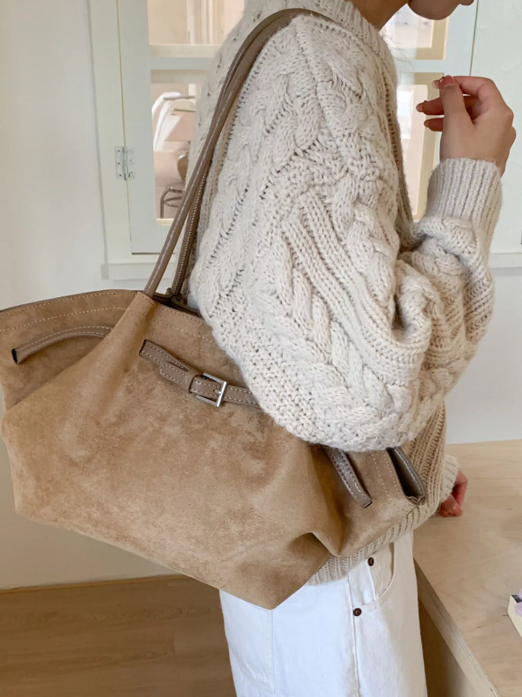Solid Color Buckle Tote Bag