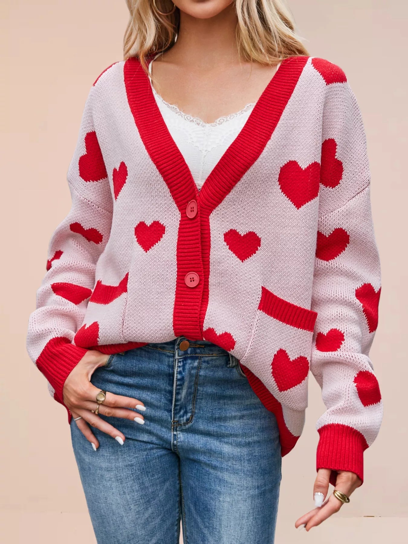 Heart Pattern Button-Up Knit Cardigan