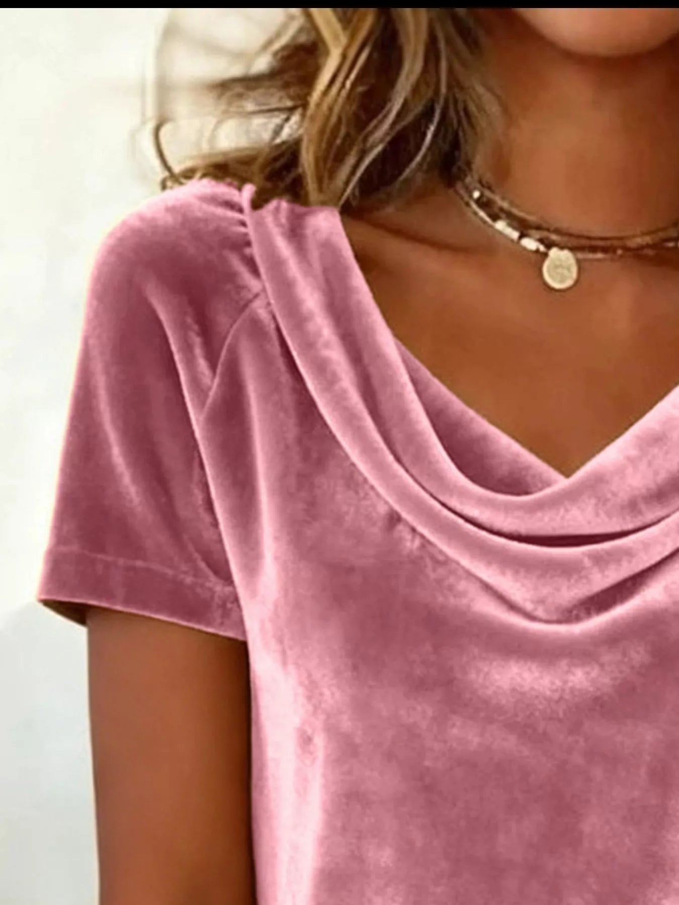 Velvet Cowl Neck Short Sleeve Top