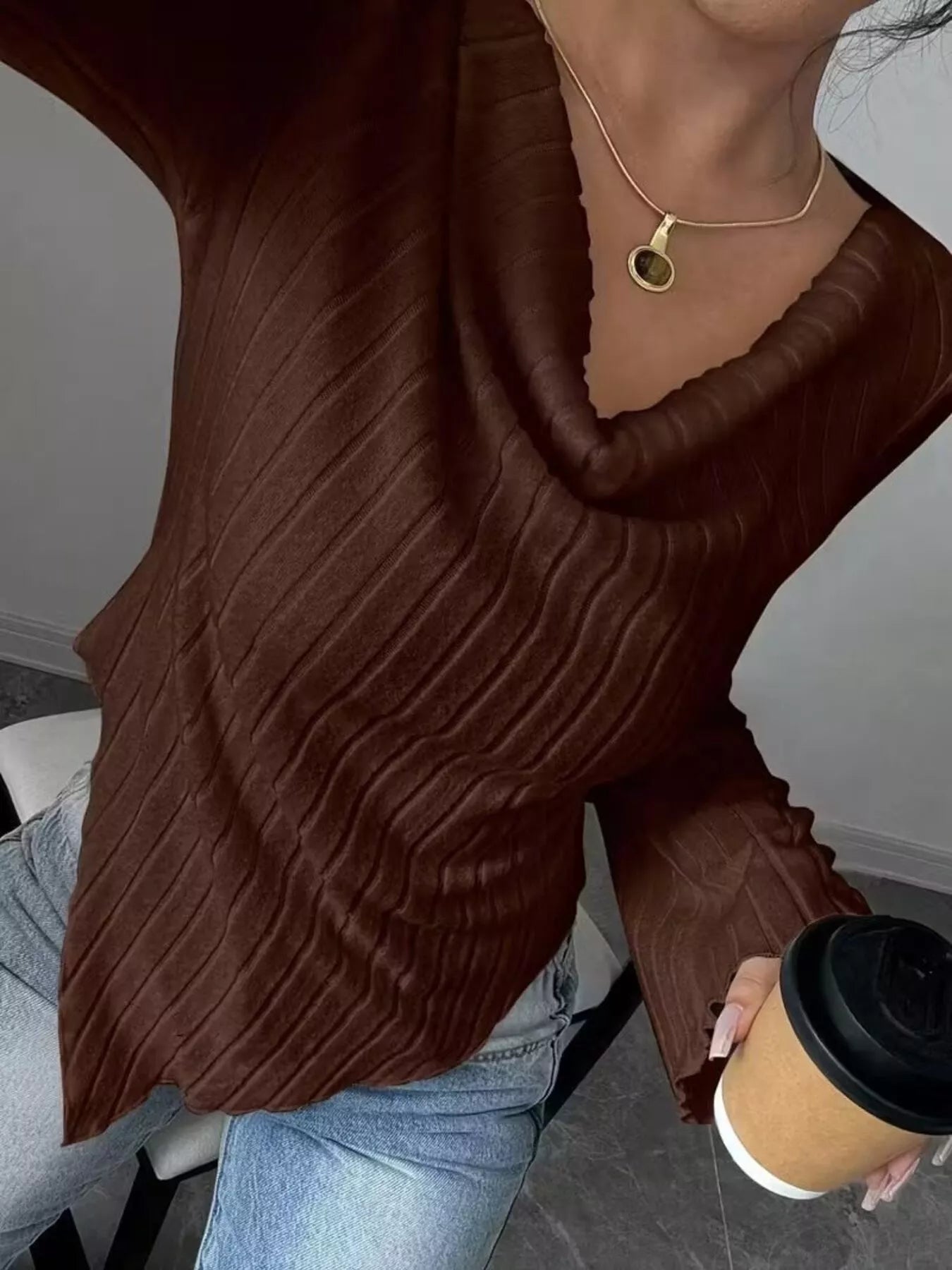 Cowl Neck Ribbed Knit T-Shirt