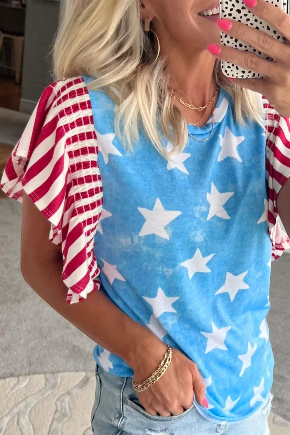 Vintage Star Print Striped Ruffle Sleeve Independence Day Top
