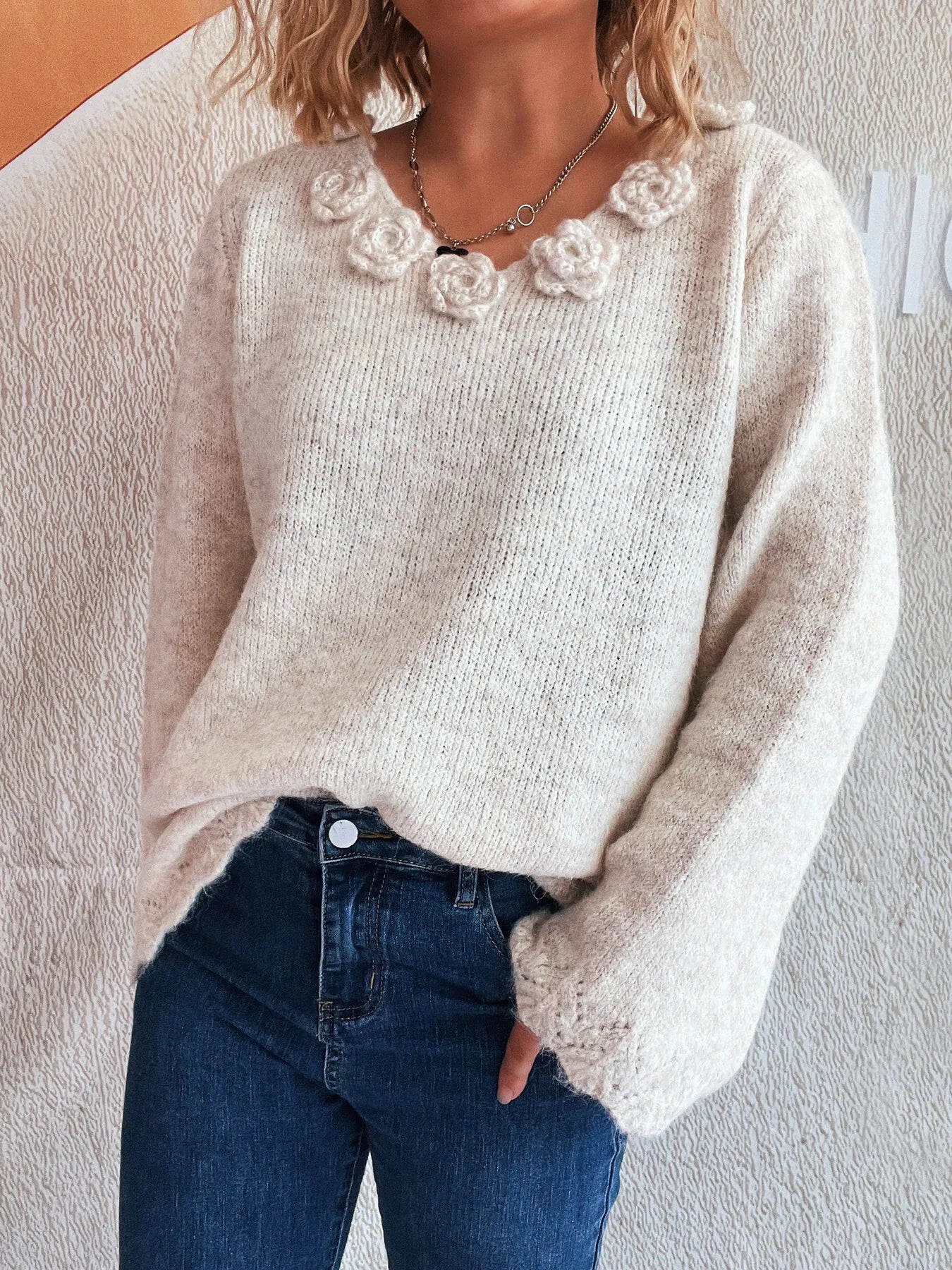 Flower V-Neck Long Sleeve Sweater