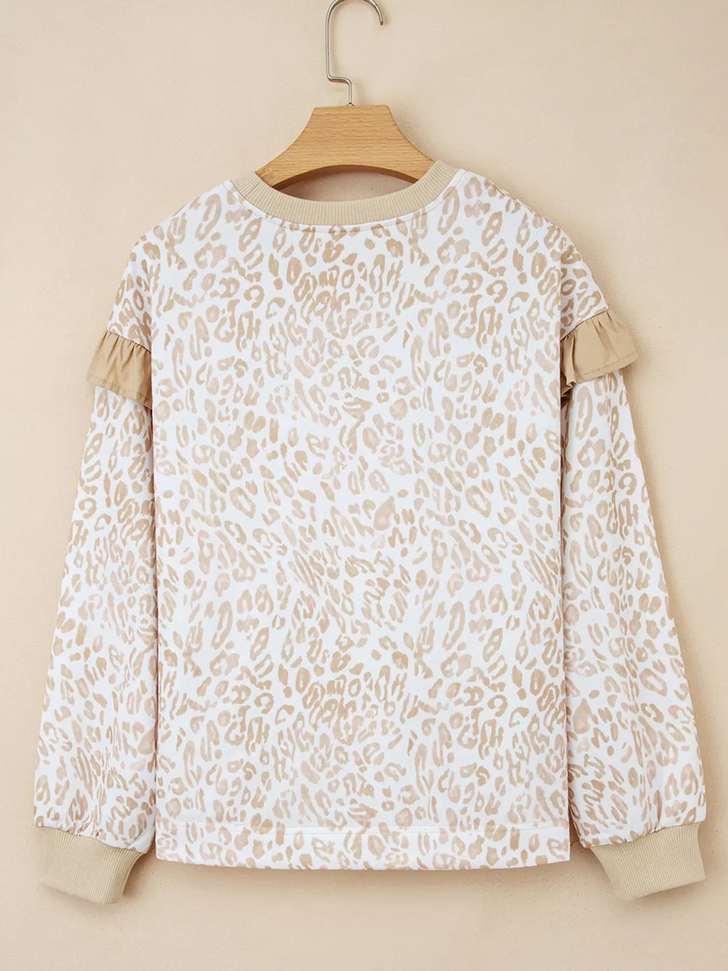 Leopard Ruffle Detail Ribbed Trim Round Neck Sweatshirt