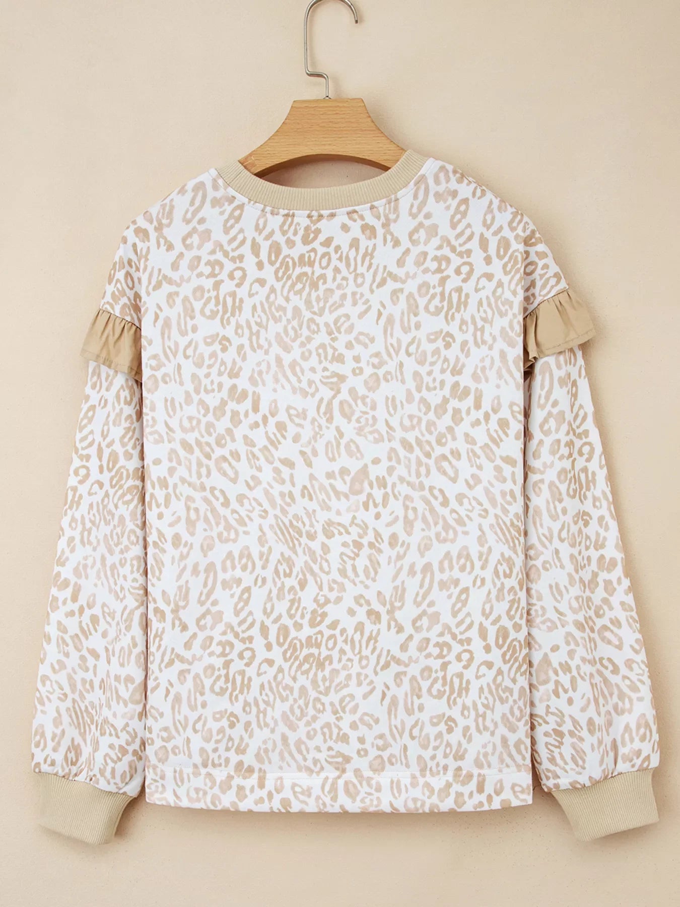 Leopard Ruffle Detail Ribbed Trim Round Neck Sweatshirt