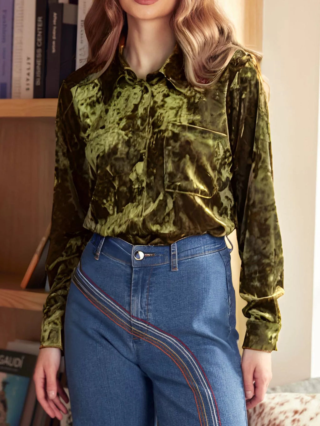 Velvet Button-Down Long Sleeve Shirt