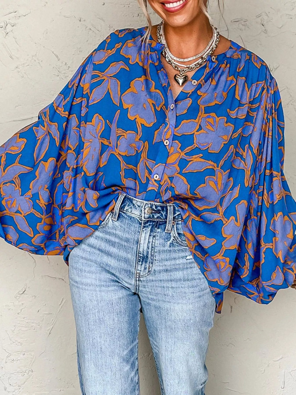 Floral Print Batwing Sleeve Buttoned Loose Fit Shirt