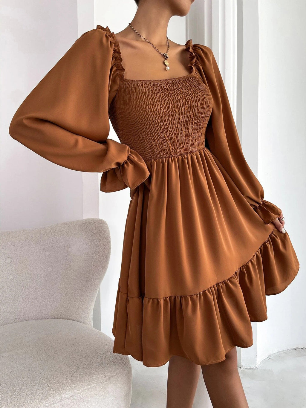 Smocked Flounce Sleeve Mini Dress