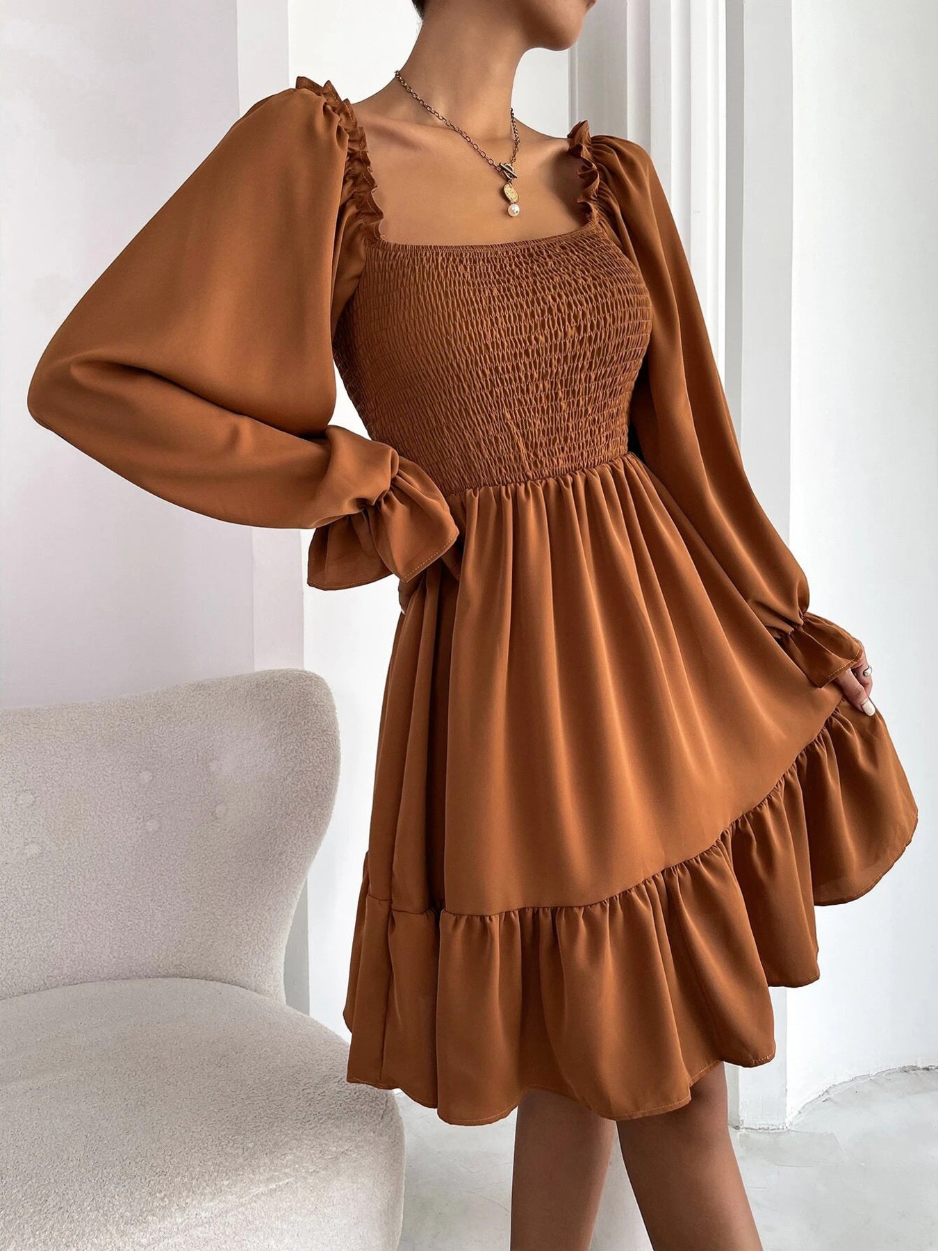 Smocked Flounce Sleeve Mini Dress