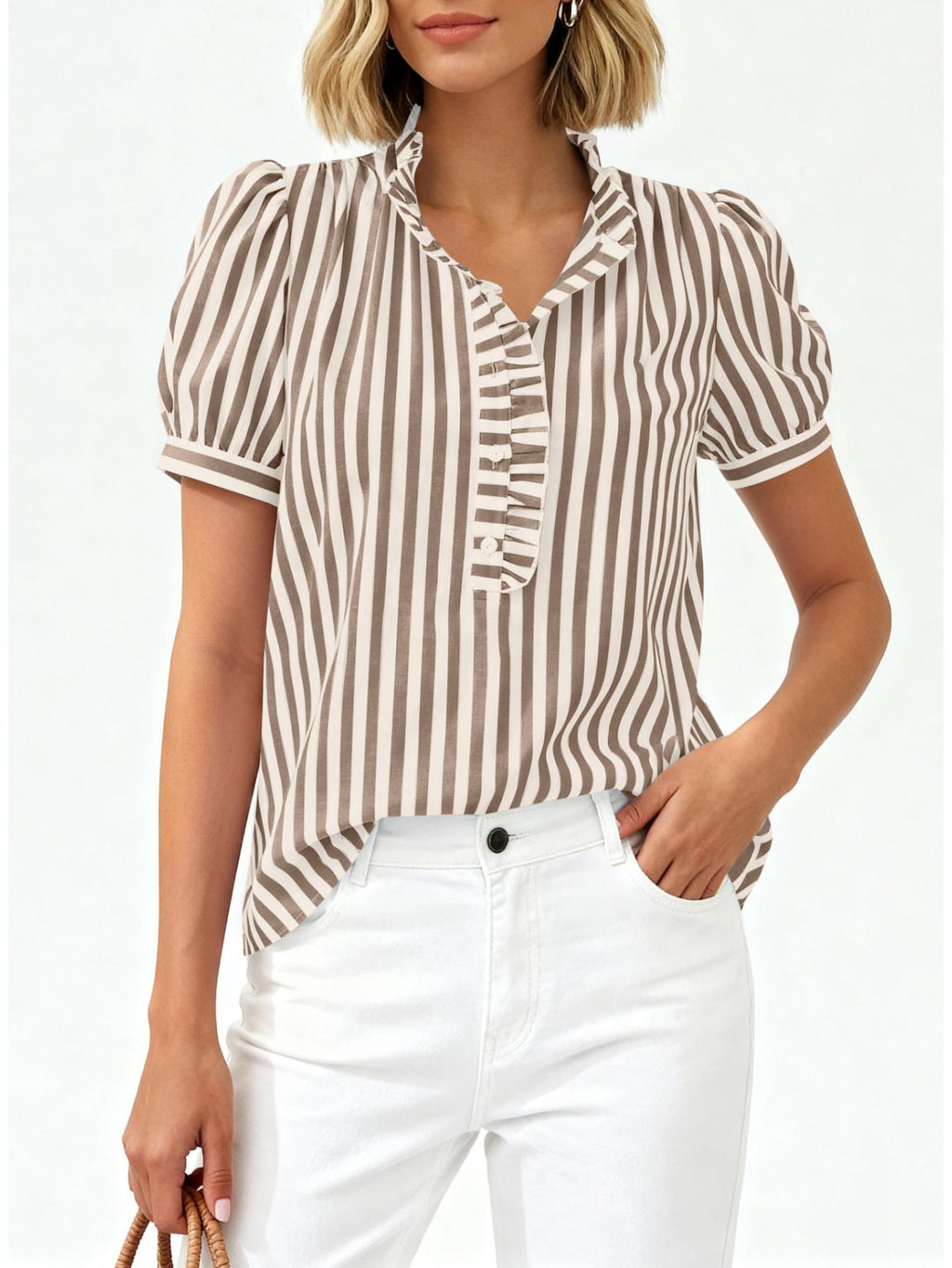 Frill Striped Puff Sleeve Blouse
