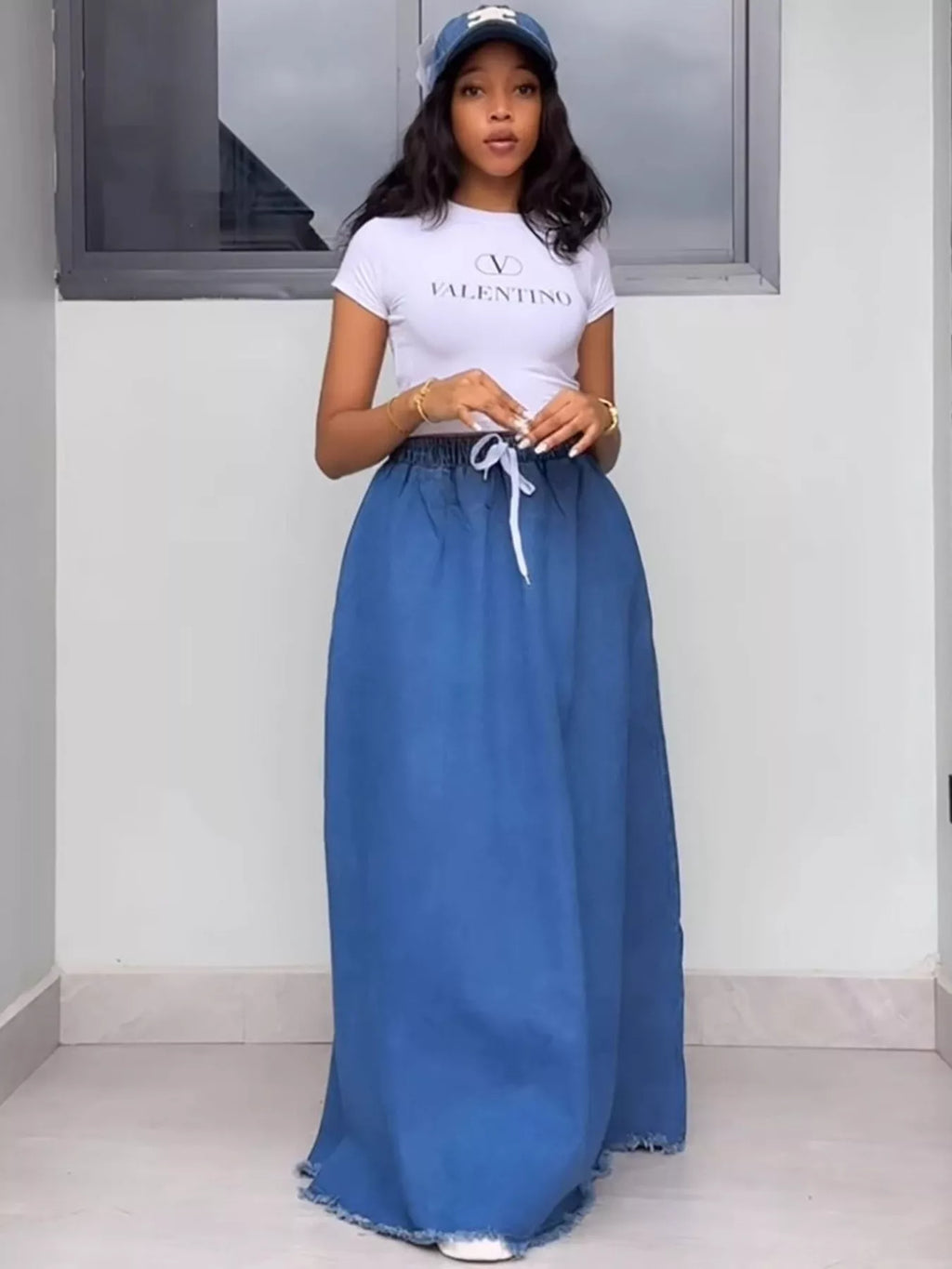 Full Size Raw Hem Denim Maxi Skirt Plus Size