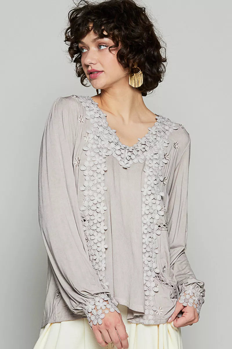 POL Floral Embroidery Woven Top with Lace Trim