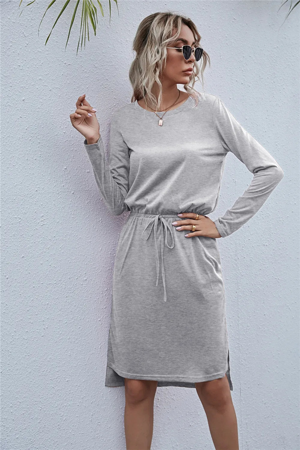 Drawstring Waist Round Neck Long Sleeve Dress