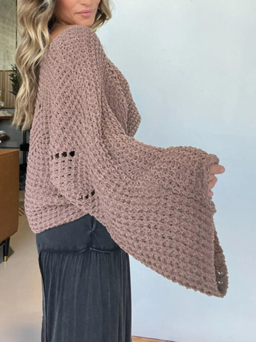 Openwork Batwing Sleeve Sweater