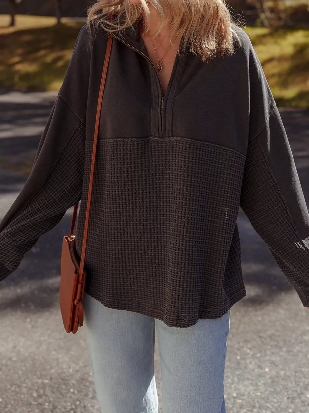 Waffle Knit Patchwork Half Zipped Casual Sweatshirt