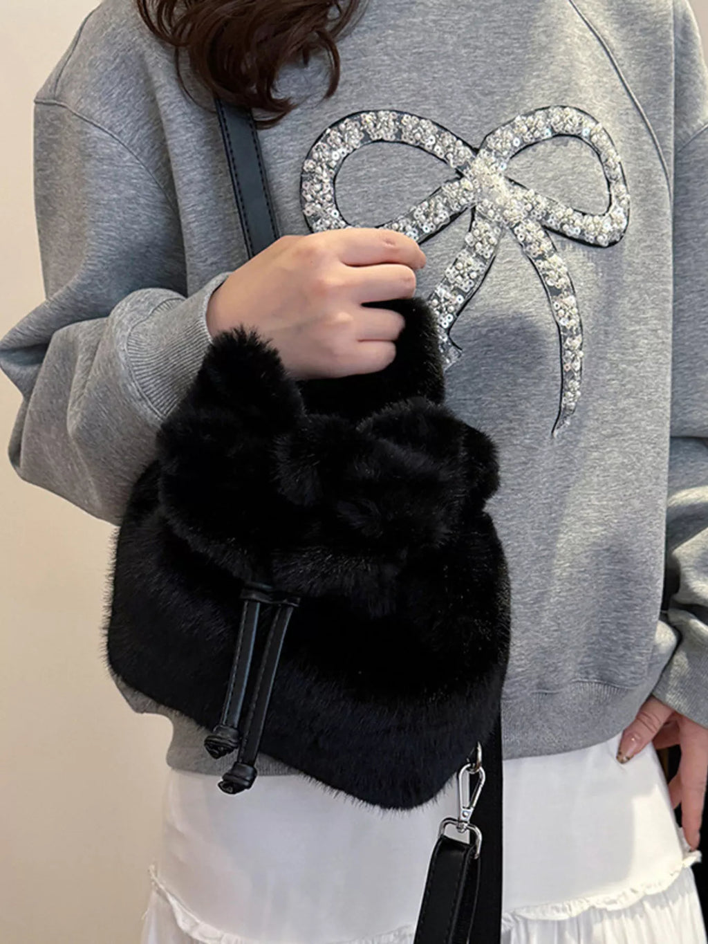 Fuzzy Plush Drawstring Backpack Bag