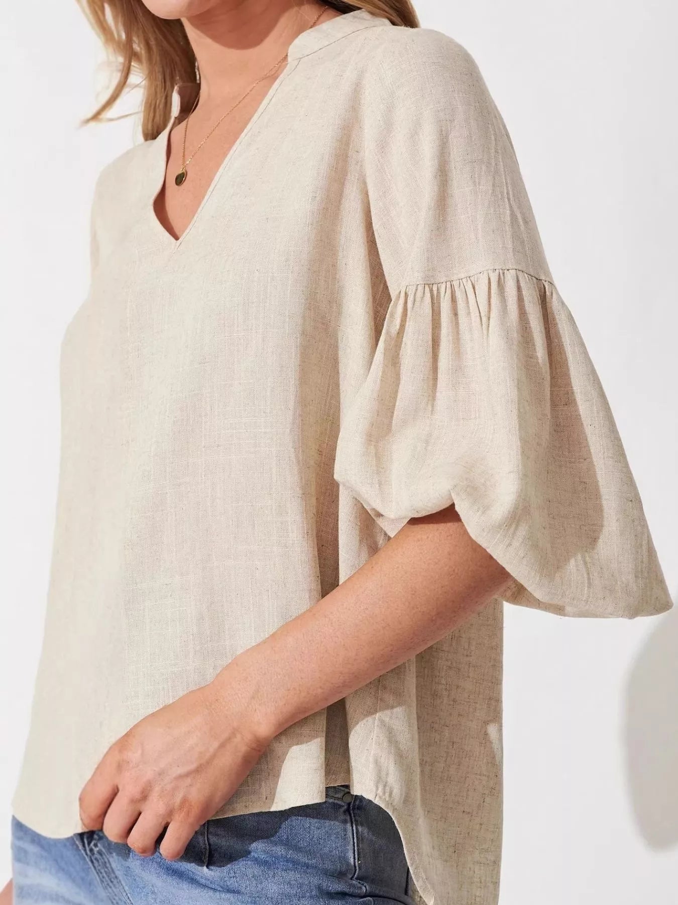 Notched Balloon Sleeve Blouse