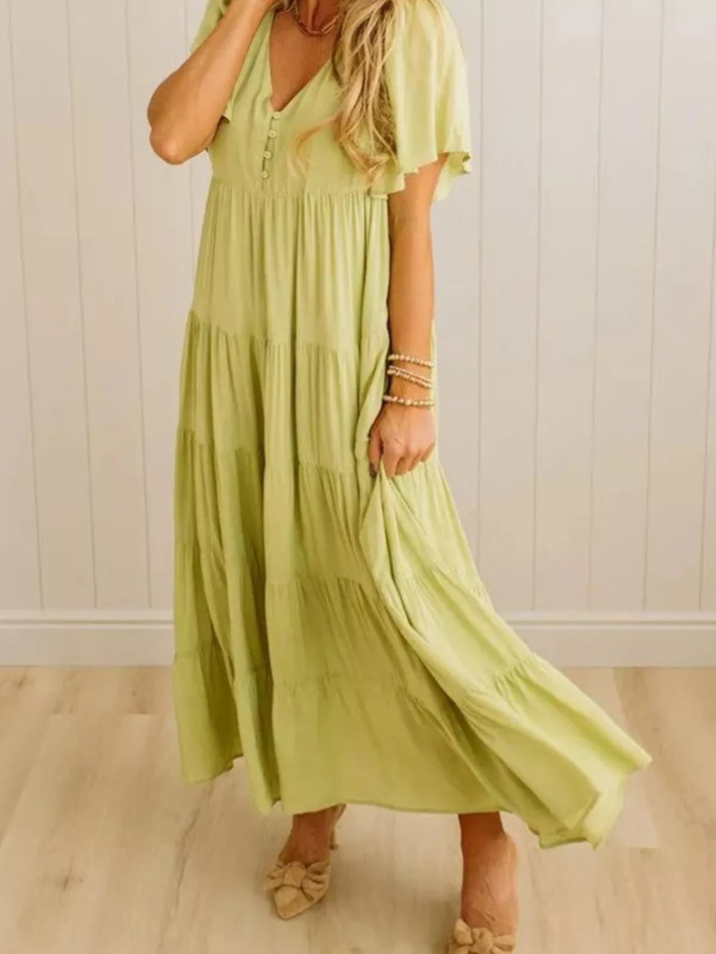V-Neck Tiered Midi Dress