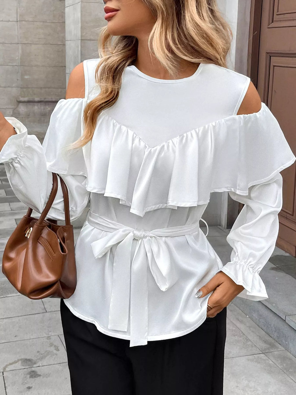 Ruffled Cold Shoulder Flounce Sleeve Blouse
