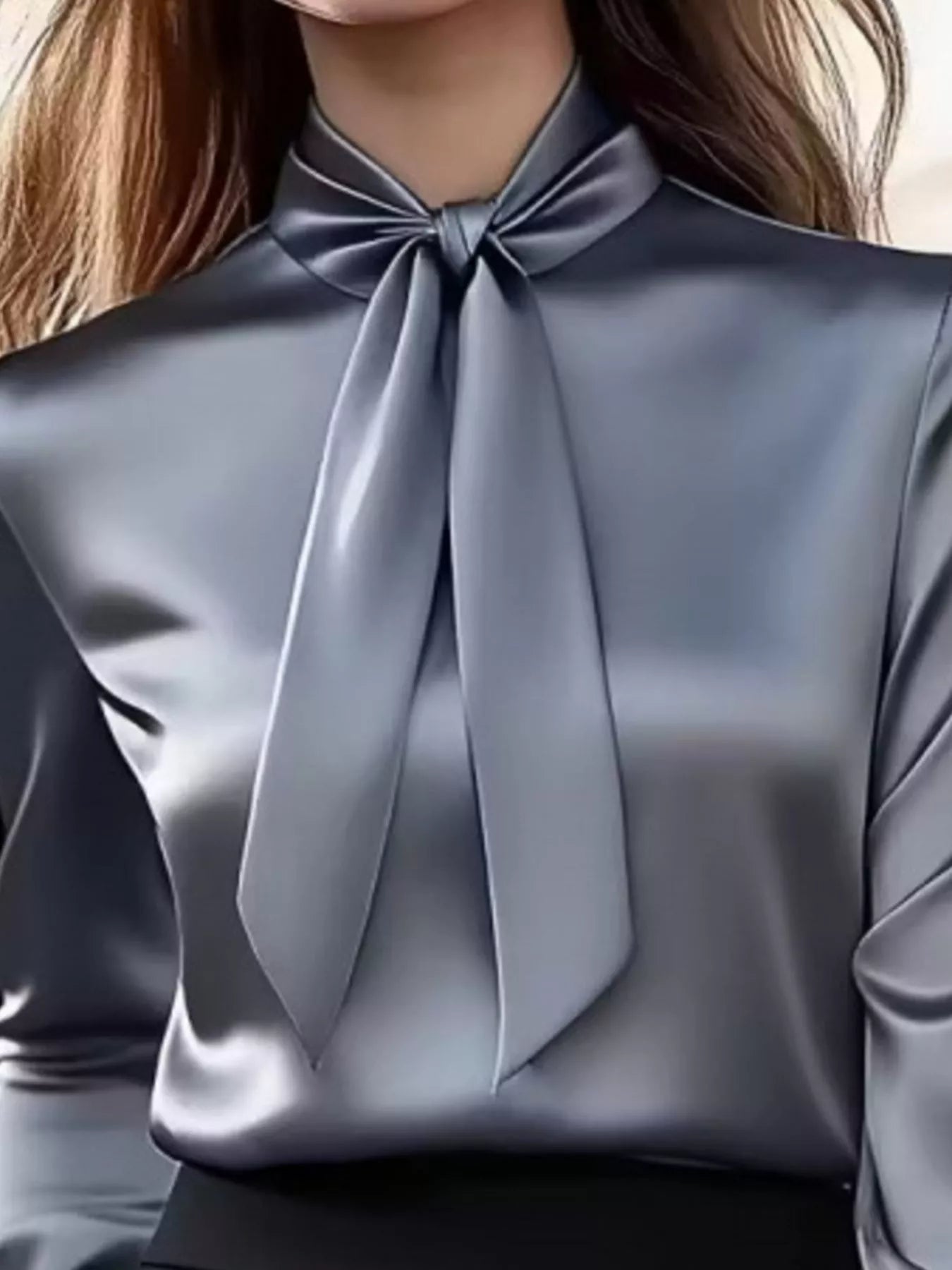 Satin Bow Tie Long Sleeve Blouse