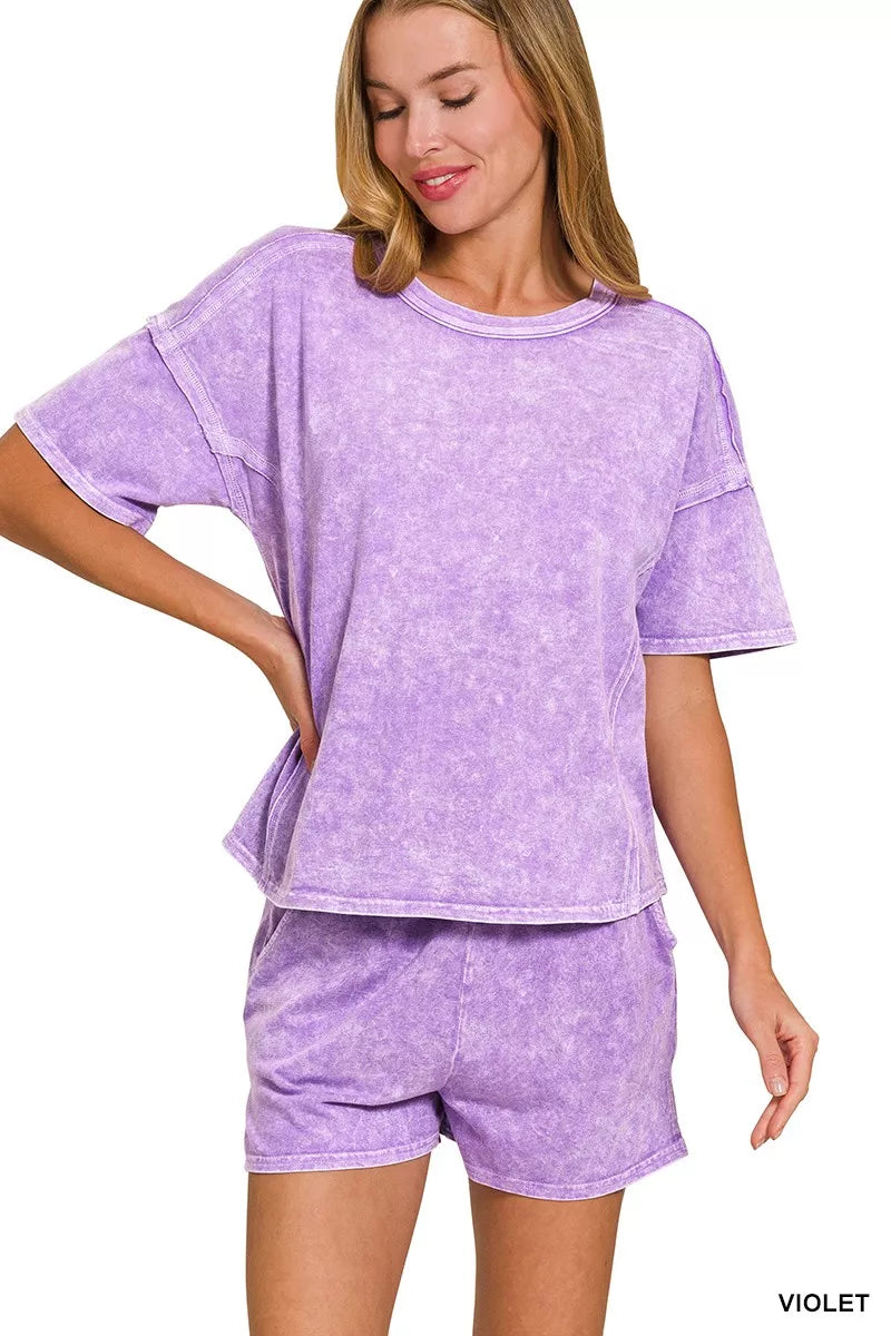 Zenana Halo Snow Washed Short Sleeve Tee and Shorts Set