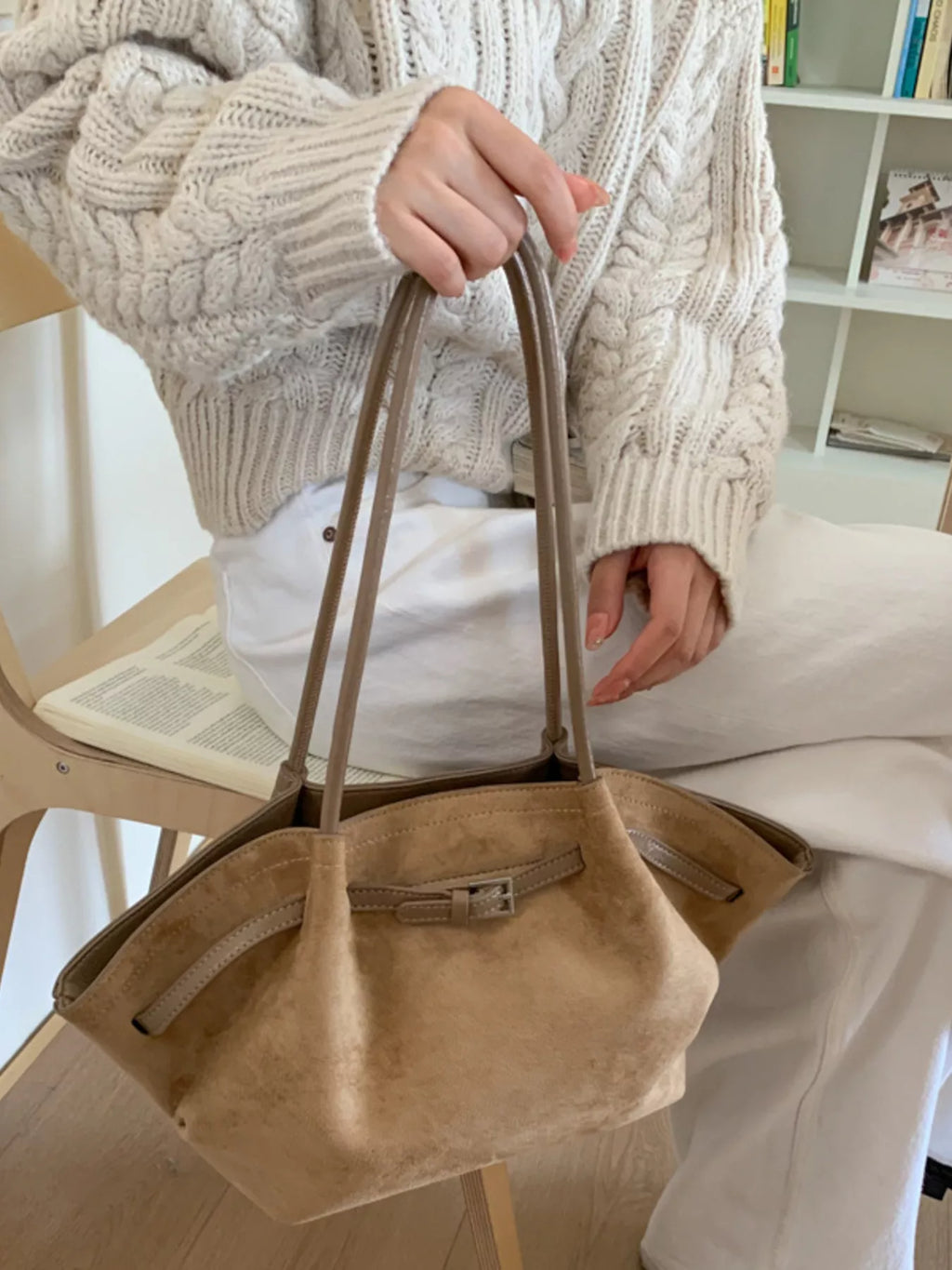 Solid Color Buckle Tote Bag