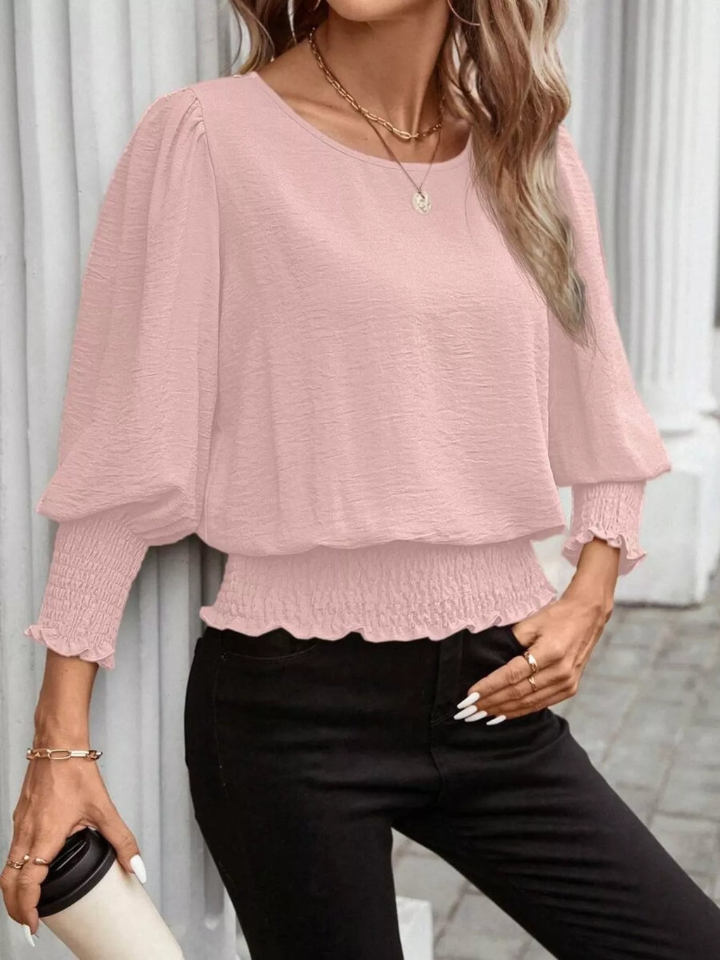 Smocked Waist Round Neck Blouse