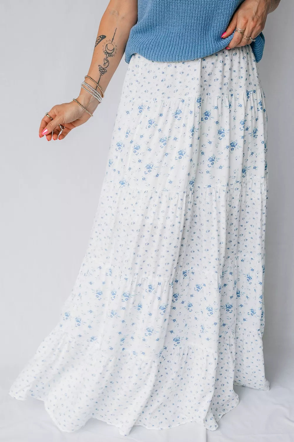 High Waist Tiny Floral Print Boho Maxi Skirt